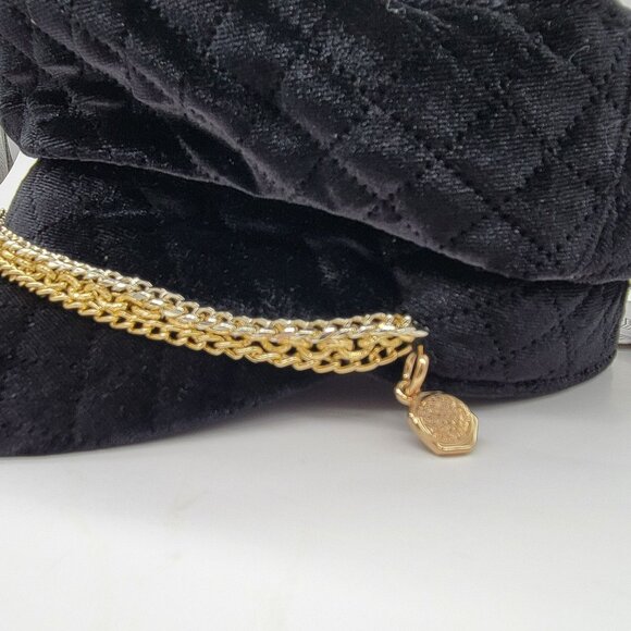Vince Camuto Black Quilted Velvet Baker Boy Hat W/ Gold Chain Accent NWT - Picture 2 of 14